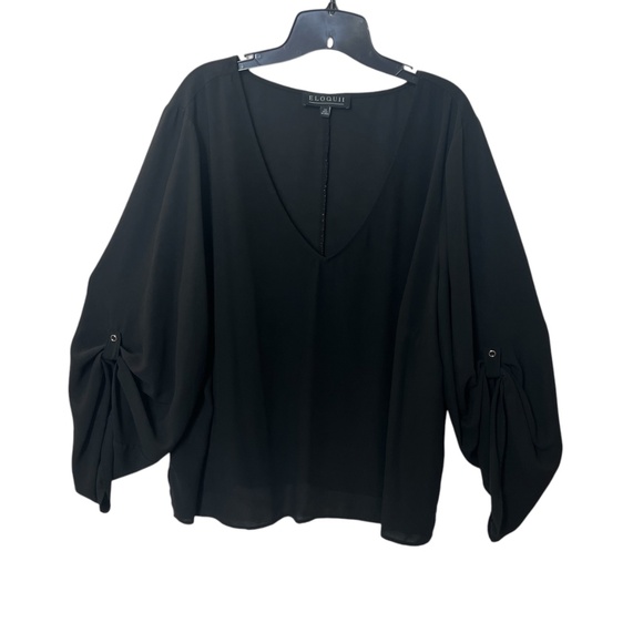 Eloquii Black Sheer Top Pull Up Snap Button Sleeves - Picture 9 of 13